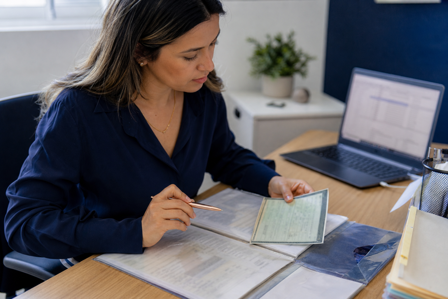 Profissional analisando cuidadosamente documentos de um veículo
